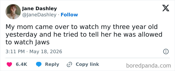 Funny parenting confession about a toddler trying to watch Jaws movie