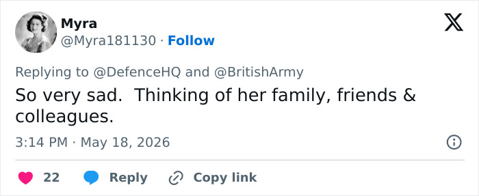Tweet expressing sadness and condolences to family over female soldier's passing Tweet expressing sadness and condolences to family over female soldier's passing