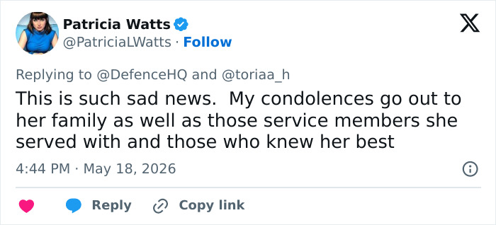 Tweet offering condolences to family and service members on female soldier's sad news Tweet offering condolences to family and service members on female soldier's sad news