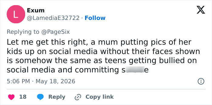 Tweet questioning equivalency of posting kids' photos without faces to teen bullying on social media