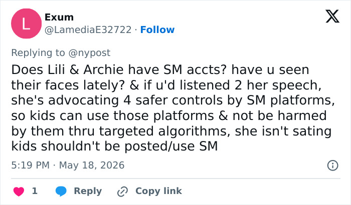 Tweet discussing Meghan Markle advocating safer controls by social media platforms for kids' online safety