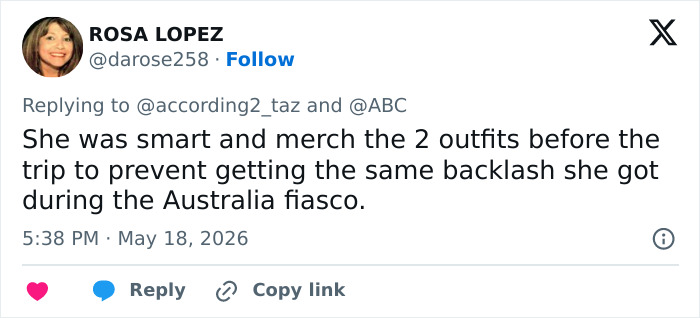 Tweet praising Meghan Markle for preparing outfits to avoid backlash before a trip