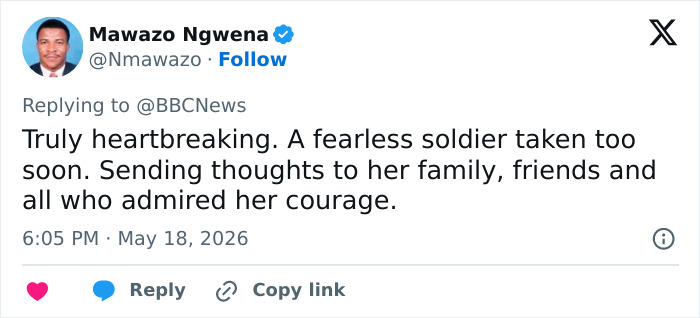 Heartfelt message mourning fearless female soldier's passing Heartfelt message mourning fearless female soldier's passing