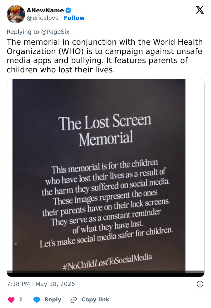 Tweet describing The Lost Screen Memorial for children lost due to social media harms