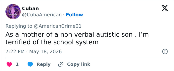 Tweet de mãe expressando medo do sistema escolar para filho autista não-verbal Tweet de mãe expressando medo do sistema escolar para filho autista não-verbal