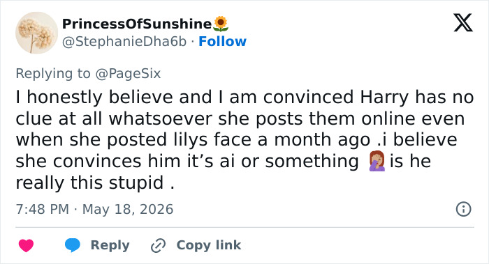 Tweet doubting Prince Harry's awareness of Meghan Markle posting kids' photos online