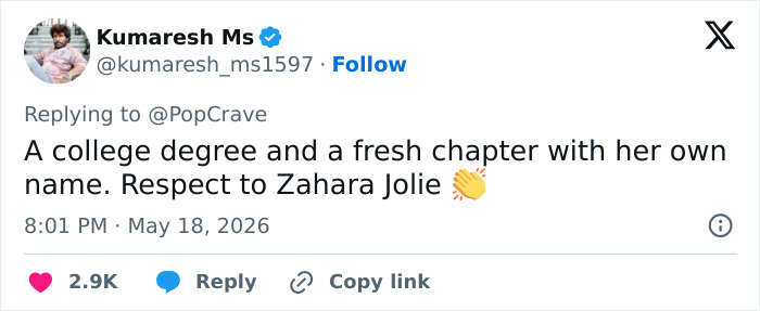 Tweet elogiando o diploma universitário de Zahara Jolie e o novo capítulo com nome próprio Tweet elogiando o diploma universitário de Zahara Jolie e o novo capítulo com nome próprio