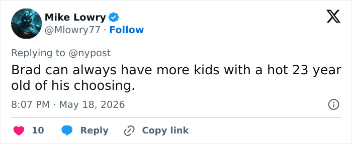Tweet criticando Brad Pitt sobre crianças e idade Tweet criticando Brad Pitt sobre crianças e idade