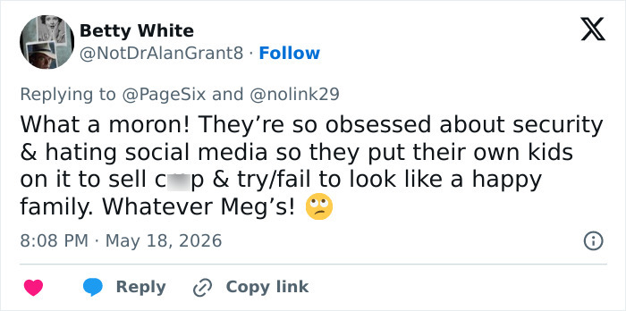 Tweet accusing Meghan Markle of hypocrisy on social media security and family image