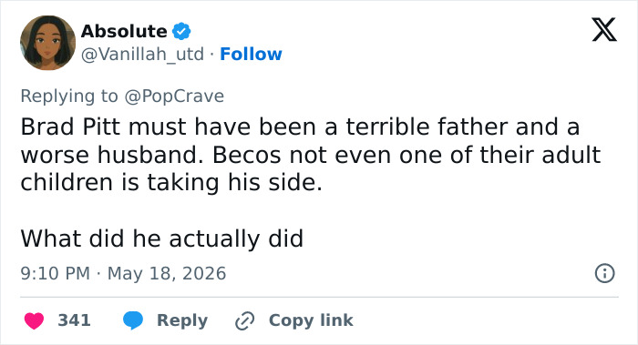 Tweet descrevendo Brad Pitt como um péssimo pai e marido, sem apoio dos filhos Tweet descrevendo Brad Pitt como um péssimo pai e marido, sem apoio dos filhos