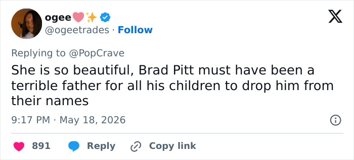 Tweet comentando sobre a suposta paternidade pobre de Brad Pitt e a mudança de nome dos filhos Tweet comentando sobre a suposta paternidade pobre de Brad Pitt e a mudança de nome dos filhos