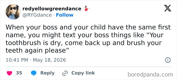 Parenting tweet about confusing texts to boss and child with same name