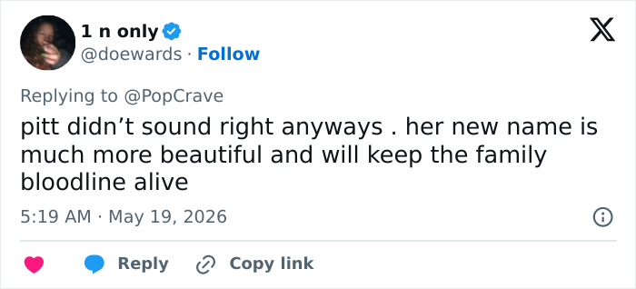 Tweet apoiando o novo nome de Zahara Jolie preservando a linhagem familiar Tweet apoiando o novo nome de Zahara Jolie preservando a linhagem familiar