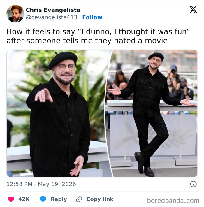 A tweet about reacting to someone hating a movie, included in hilarious cinephile tweets.