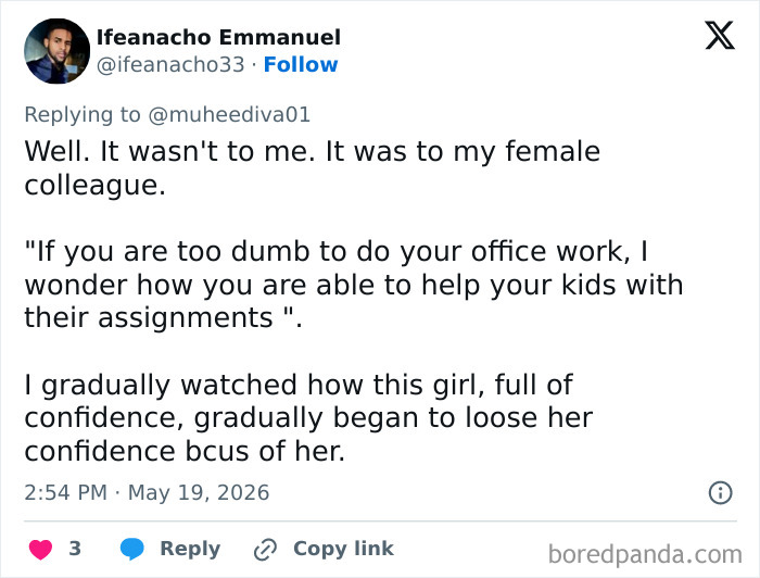 Tweet sharing a harsh boss comment that caused a colleague to lose confidence at work