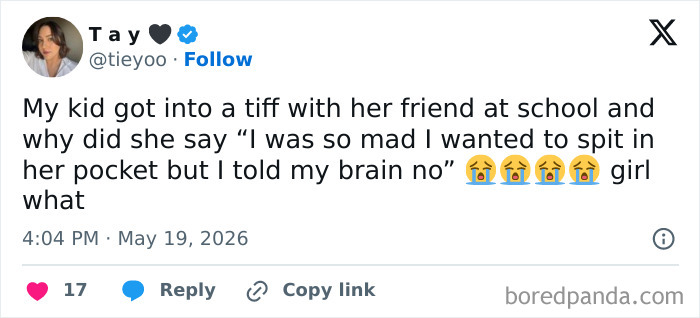 Funny parenting tweet about child's anger and self-control at school
