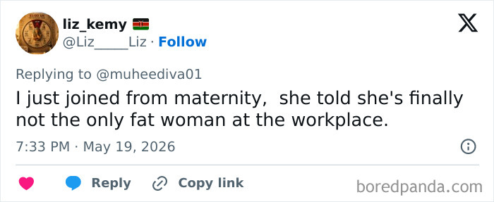 Coworker fat-shaming remark after returning from maternity leave