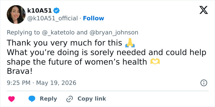 Tweet praising efforts to advance women's health in extreme human experiment