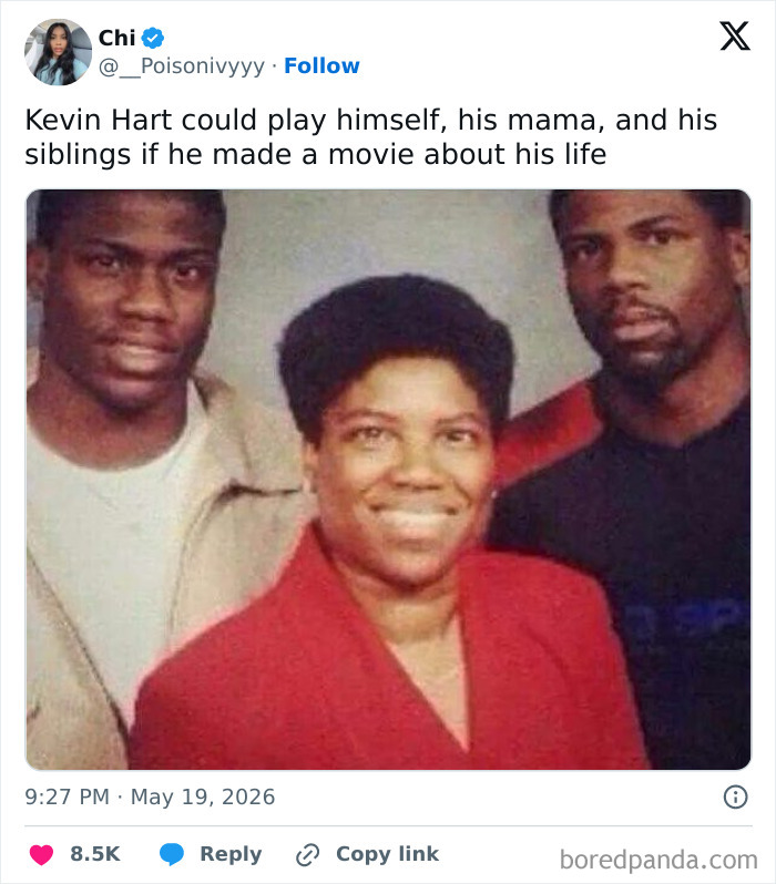 A tweet about Kevin Hart playing his family in a movie, part of hilarious cinephile tweets.