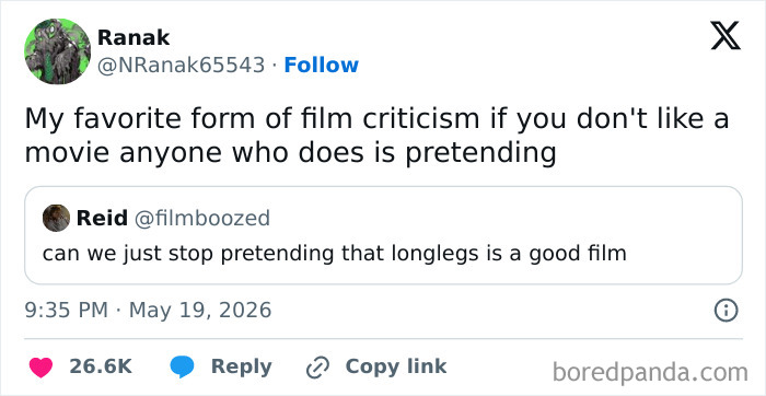 A tweet about film criticism for a movie, one of many hilarious cinephile tweets.