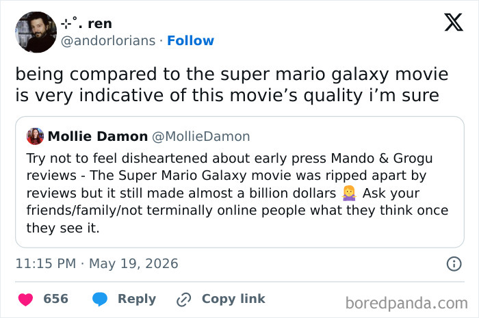 A tweet comparing a movie's quality to Super Mario Galaxy, from a collection of hilarious cinephile tweets.