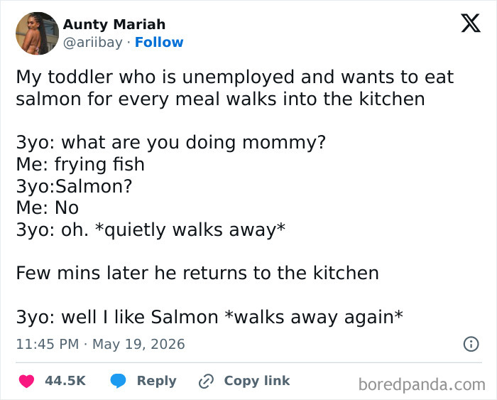 Relatable parenting tweet about a toddler insisting on eating salmon