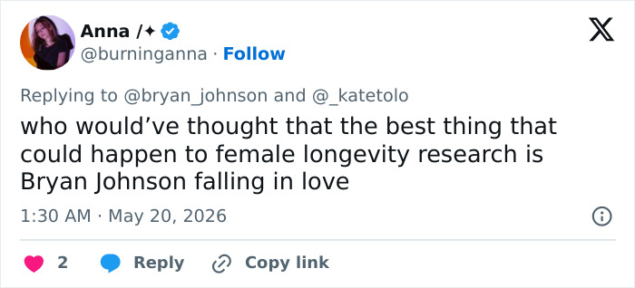 Tweet mentioning female longevity research linked to Bryan Johnson in experiment