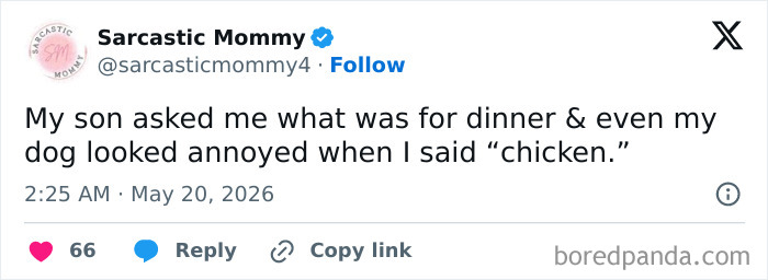 Relatable parenting tweet about son's reaction to dinner announcement