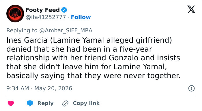 Tweet denying a five-year relationship with Lamine Yamal and clarifying facts Tweet denying a five-year relationship with Lamine Yamal and clarifying facts