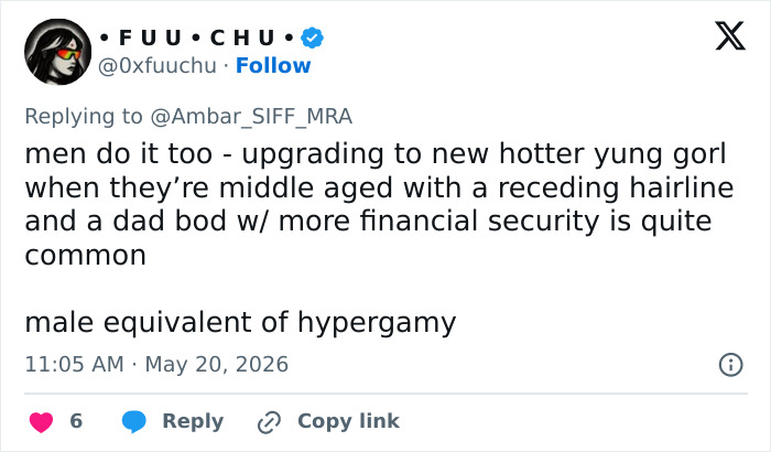 Tweet about men upgrading partners and male equivalent of hypergamy Tweet about men upgrading partners and male equivalent of hypergamy