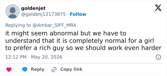 Tweet stating it is normal for girls to prefer rich guys and encouraging hard work Tweet stating it is normal for girls to prefer rich guys and encouraging hard work