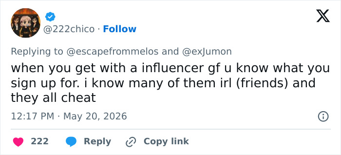 Tweet about influencer girlfriend cheating and common cheating among influencer girlfriends Tweet about influencer girlfriend cheating and common cheating among influencer girlfriends