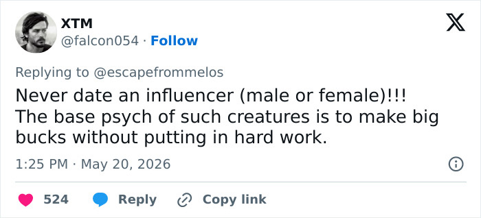 Tweet warning against dating influencers for easy money Tweet warning against dating influencers for easy money