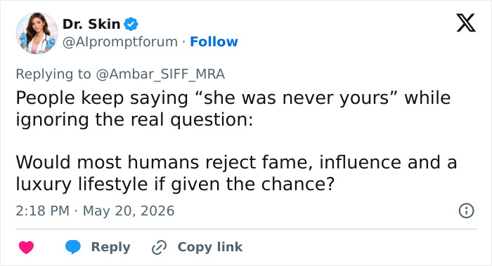 Tweet questioning if most humans would reject fame and luxury lifestyle Tweet questioning if most humans would reject fame and luxury lifestyle