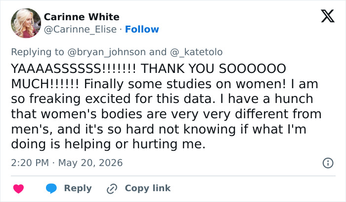 Tweet expressing excitement about women-focused extreme human experiment data