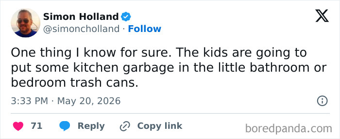 Parenting tweet on kids putting kitchen garbage in small bathroom trash cans