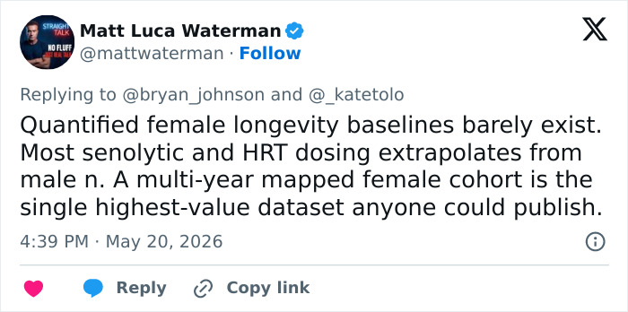 Tweet discussing female longevity baselines and data in women's health research