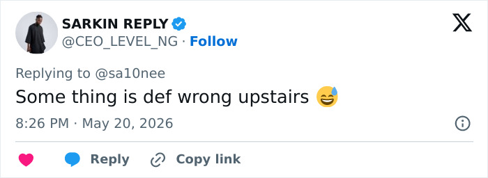 Tweet commenting on something wrong upstairs in reply to tensions and whispers topic Tweet commenting on something wrong upstairs in reply to tensions and whispers topic