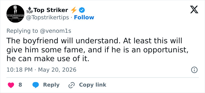 Tweet expressing that boyfriend might gain fame from cheating scandal Tweet expressing that boyfriend might gain fame from cheating scandal