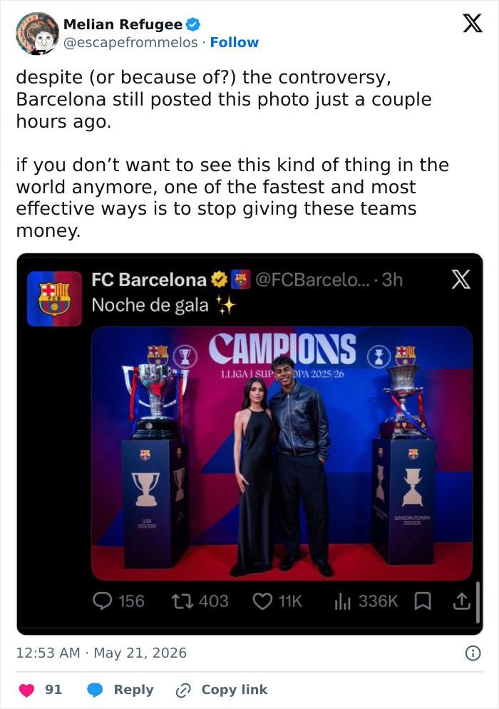 Tweet discussing Barcelona's social media amid controversy Tweet discussing Barcelona's social media amid controversy