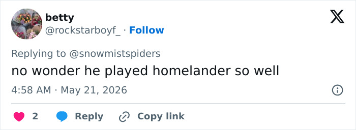 Tweet commenting on Antony Starr's performance as Homelander Tweet commenting on Antony Starr's performance as Homelander