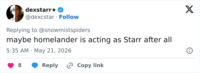 Tweet about Homelander acting as Starr in The Boys Tweet about Homelander acting as Starr in The Boys