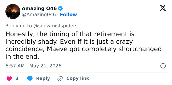 Tweet discussing Maeve's retirement timing in The Boys Tweet discussing Maeve's retirement timing in The Boys