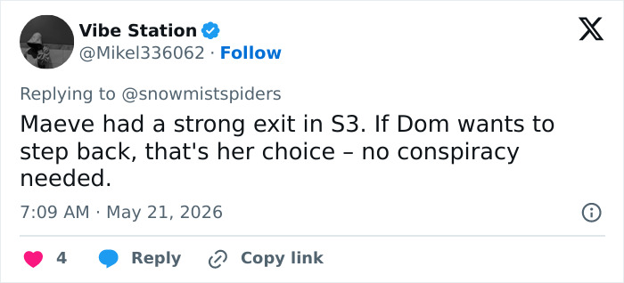 Tweet about Maeve's exit in season 3 and no conspiracy over actress choice Tweet about Maeve's exit in season 3 and no conspiracy over actress choice