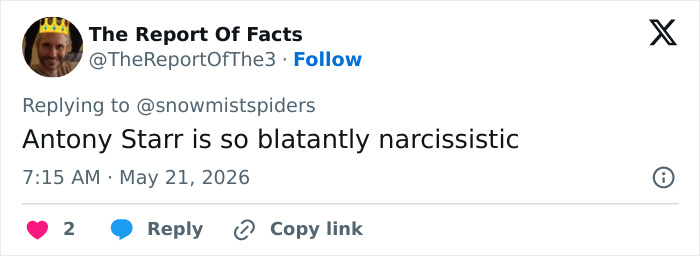 Tweet calling Antony Starr blatantly narcissistic in The Boys Tweet calling Antony Starr blatantly narcissistic in The Boys