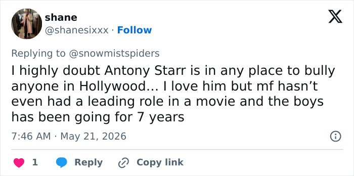 Tweet doubting bullying claims about The Boys star Antony Starr Tweet doubting bullying claims about The Boys star Antony Starr