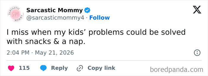 Relatable parenting post missing simple solutions like snacks and naps for kids