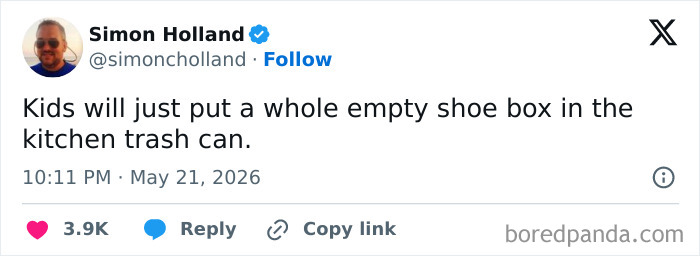 Humorous tweet about kids putting shoe box in kitchen trash