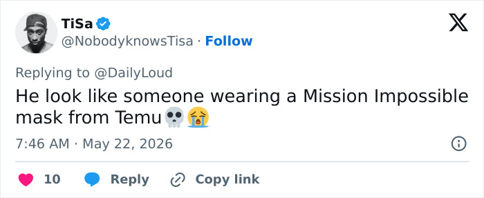 Tweet comparing Vice Admiral's appearance to a Mission Impossible mask Tweet comparing Vice Admiral's appearance to a Mission Impossible mask