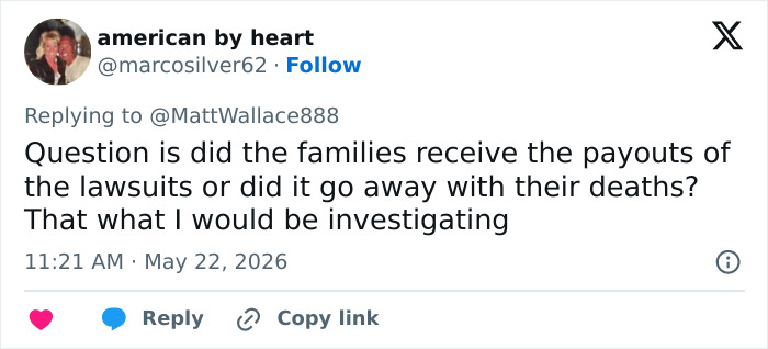 Tweet questioning lawsuit payouts for families after deaths Tweet questioning lawsuit payouts for families after deaths